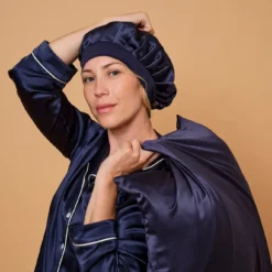 Bonnet Cheveux Pure Soie Bleu Nuit Bio